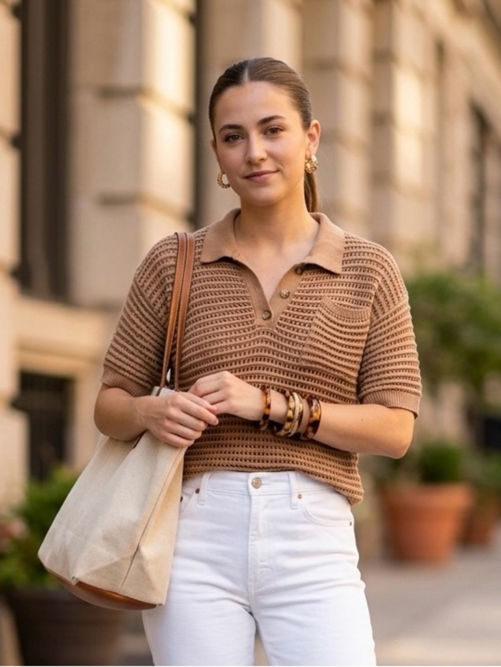 Forever 21 Open Stitch Crochet Polo In Carmel Brown